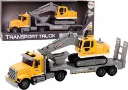 Gele vrachtauto met rupsgraafmachine met lichten en geluiden