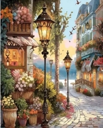 Diamanten mozaïek - Bloemenstraat met lampen