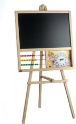 Houten staand bord met telraam en klok