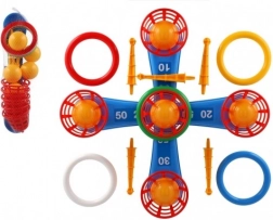 Kinder gooi spel met ringen en ballen in een net met mandjes