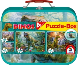 Kinder puzzel Dinosauriërs 4-in-1 in een metalen koffertje