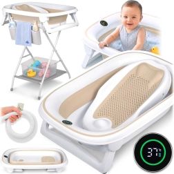 Nukido opvouwbaar kinderbadje met standaard, thermometer en newborn-inleg – Wit-beige