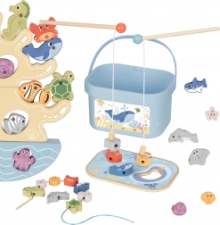 Houten zeeset 3-in-1: balans toren, magnetisch vissen en rijgen – 23 onderdelen