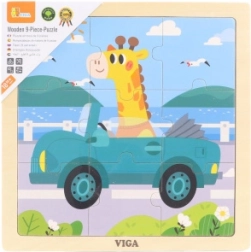 Houten puzzel met giraffe in auto, 9 stukjes