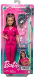 Barbie brunette in roze overall met accessoires