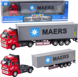 Containertruck met pull-back aandrijving, openslaande deuren, rood-grijs