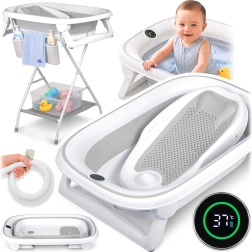 Nukido opvouwbaar kinderbadje met standaard, thermometer en newborn-inleg – Wit-grijs