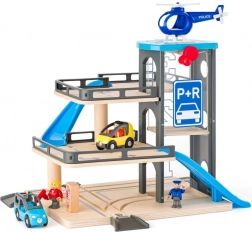 Houten meerlaagse parkeergarage met helikopterlandingsplaats