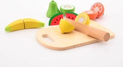 Houten fruit met snijplank en mes