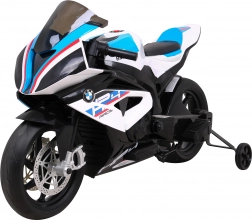 Elektrische kinder-motor BMW HP4, wit, zijwieltjes, zachte start, EVA-wielen, MP3 en LED