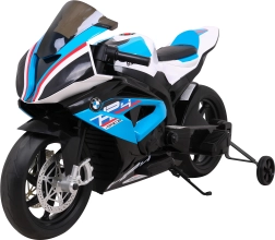 Elektrische kindermotor BMW HP4 blauw met zijwieltjes, EVA-banden en MP3