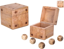 Houten dobbelsteen van mangohout met opbergdoos en set van 5 dobbelstenen