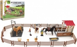 Paardenspeelweide met omheining, verzorgers en 2 paarden – kunststof set met accessoires