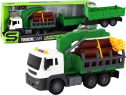 Groene bosbouwtruck met kraan en aanhanger 1:16 met geluiden en vliegwiel