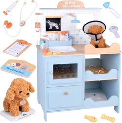 Houten dierenkliniek voor kinderen met een knuffelhondje