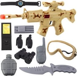 Militaire set met geweer en accessoires, schotgeluid, zandkleurige camouflage