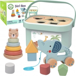 Woopie Green educatieve set 3-in-1: sorteerkist, beertjespiramide en trekolifant