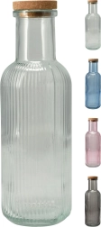 Glazen fles 1 l met kurken stop, mix van kleuren
