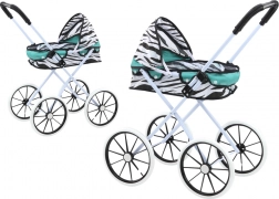 Poppenwagen met opvouwbare kap, grote wielen, zebraprint – turkoois