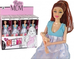 Zwangere pop in blauwe jurk met baby