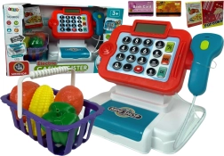 Kinderspeelkassa met rekenmachine en groentemand