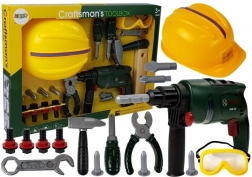 Set van kindergereedschappen met boor, veiligheidsbril en helm