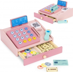 Houten kassa voor kinderen met scanner, munten en betaalkaart