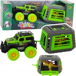Terreinwagen met kooi en T-Rex dinosaurus