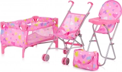 CHIPOLINO set voor poppen 3-in-1 Trixy Hearts – kinderwagen, bedje en kinderstoel