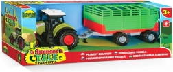 Tractor met hooiaanhanger op batterijen