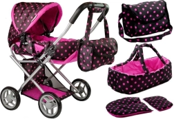 Poppenwagen Alice met draagmand en tas zwart-roze