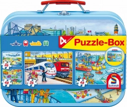 Puzzel vervoer 4-in-1 in een metalen koffertje