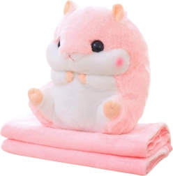 Pluchen hamster 3-in-1 met deken en handwarmer, roze 35 cm (deken 190 × 100 cm)