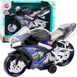 Zwart-blauwe race motorfiets met licht- en geluidseffecten