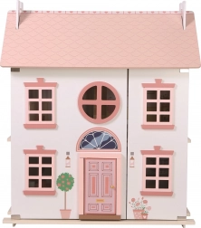 houten poppenhuis met roze dak en accessoires