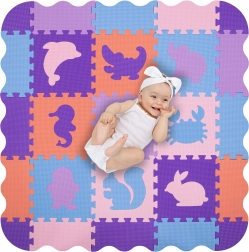 Humbi foam speelmat en speelhek 3-in-1, dieren, 120 × 120 cm, pastelroze/paars/blauw