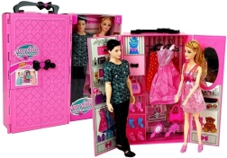 Poppen set jongen en meisje met kledingkast en kleertjes in een koffertje