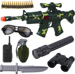 Militaire speelset voor kinderen met geweer en accessoires, mechanisch schotgeluid, khaki