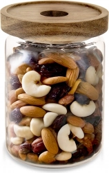 Glazen voorraadpot voor droge levensmiddelen met houten deksel en siliconen afdichting 970 ml