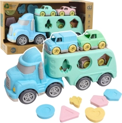 Pastelkleurige vrachtautocombinatie met autootjes en sorteerkist van gerecycled plastic