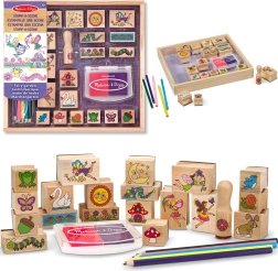 Melissa & Doug creatieve set houten stempels Feeëntuin (20 motieven, inkt en kleurpotloden)