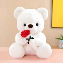 Witte pluche teddybeer 32 cm met rode roos en strik – cadeau voor een meisje