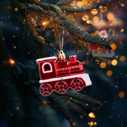 Glanzende kerstboomversiering in de vorm van een locomotief