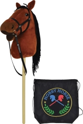 Bruin stokpaard 73 cm met geluiden en zwarte rugzak