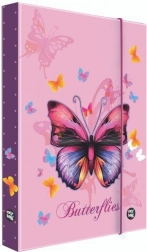 Doos voor A5-schriften Vlinder – paarse gelamineerde map met elastiek