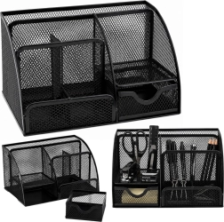 Metalen bureau-organizer van metalen gaas met lade, zwart