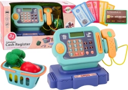 Blauwe kinder kassa met munten en mandje