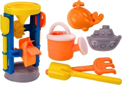 Grote zandset met molentje, schep, hark, gieter en vormpjes
