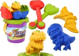 Zandset met dinosaurusvormpjes – emmer, schep en hark