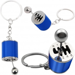 Metalen sleutelhanger in de vorm van een handgeschakelde versnellingsbak – blauw